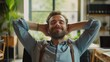© Daniel - Relaxed man take break from work put hands behind head lean on comfy chair closing eyes feels serenity, enjoy fresh conditioned air in modern office, no stress, fatigue relieve at workplace
