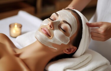 A woman enjoying a relaxing facial treatment at a spa, applying a skincare mask while lying in a salon with her eyes closed, head wrapped in a towel, focusing on beauty and wellness