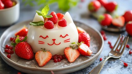 White gelatine desserts shaped like cat, with fresh strawberries and mint leaves. Cat-shaped jelly pudding