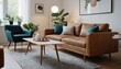 © Александр Бердюгин - A bright and airy living room featuring a couch, white cushions, and wooden furniture. The room is decorated with potted plants, framed art, and soft lighting