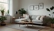 © Александр Бердюгин - A bright and airy living room featuring a couch, white cushions, and wooden furniture. The room is decorated with potted plants, framed art, and soft lighting