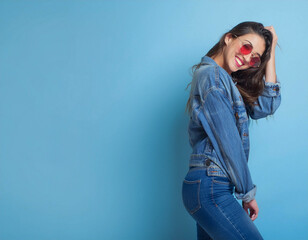 Canvas Print - young smiling woman pretty long hair cute in jeans on blue wall background aside copy space