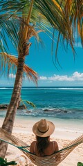 Wall Mural - A woman is relaxing on a beach with a hat on and a hammock. The beach is near the ocean and there are palm trees in the background. The woman is enjoying the view and the peaceful atmosphere