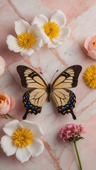 Wall Mural - Butterflies and floral design with pink and yellow flowers on a light pink marble background