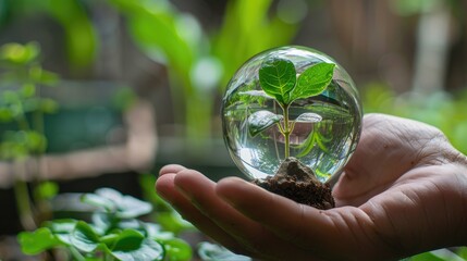 Hand holding glass globe ball with tree growing and green nature
A tree pokes through the glass ball.The morning sunlight reflected on the crystal ball. Seedlings grow separately and have roots attach