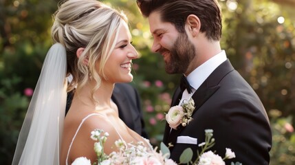 Wall Mural - A bride and groom are smiling at the camera