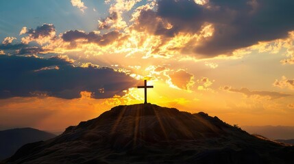 silhouette of rugged cross atop windswept hill at sunset dramatic sky golden light spiritual atmosphere solitary symbol