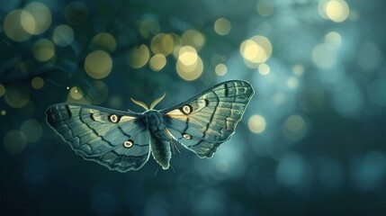 Sticker - Moth with Teal Wings and Bokeh Background - Illustration