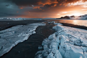 A dramatic sunset casts a warm glow over an icy landscape with flowing water, showcasing the striking contrast between the fiery sky and frozen surroundings.