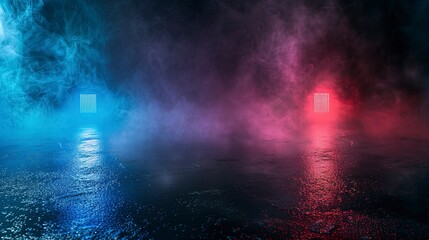 Wall Mural - Dark empty space, blue and red neon spotlight, wet asphalt, smoke, night view, rays. Abstract dark texture of an empty background with copy space mock up design