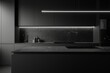 © ChaoticMind - A contemporary dark- themed kitchen highlighting sleek lines with modern lighting, dark cabinetry, a stylish center island, and minimalistic accessories creating a sophisticated feel.