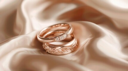 two intertwined rose gold wedding bands floating above a soft blushtoned silk backdrop delicate floral engravings subtle diamond accents catching the light