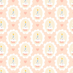 Sticker - Preppy birthday cupcake in a seamless pattern on pink background. Vector cute cartoon hand drawn vintage illustration. Ideal for textile printing, baby clothes, wallpaper, packaging, scrubbing