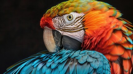 Wall Mural - vibrant portrait of a majestic macaw parrot closeup captures iridescent feathers in stunning detail showcasing the birds intelligence and exotic beauty