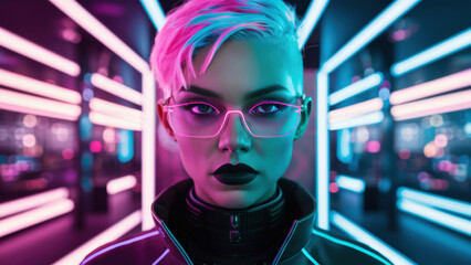 Poster - A woman with glasses and a black mustache in neon lights, AI