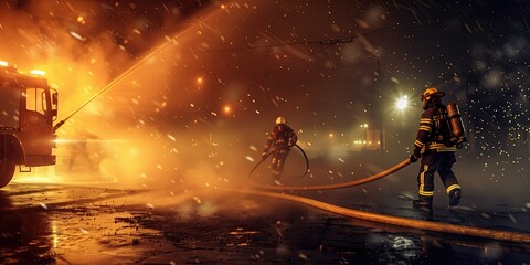 A team of firefighters in action, using a powerful hose to extinguish a fire in the night, with copyspace