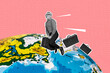 © deagreez - Composite photo collage of happy old man fly suitcase summer travel preparation globe planet destination isolated on painted background