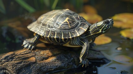 Sticker - Photo of a Turtle on a Log in a Pond