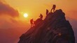 © Tamara - Group of climbers reaching the summit at sunset. Climbing teamwork on a rocky mountain peak. Adventure and triumph in nature's beauty.