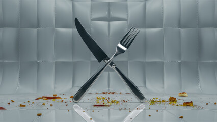 Wall Mural - A fork and knife sitting on a white background with crumbs, AI