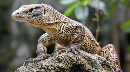 Wall Mural - Close-up of a Monitor Lizard on a Rock Realistic Image