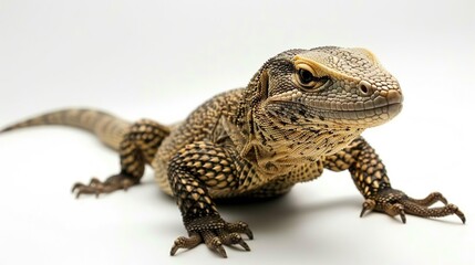 Poster - Close-up of a Lizard with Sharp Claws and Yellow Spots on a White Background - Realistic Image