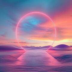 Wall Mural - Neonlit podium in a futuristic desert, glowing sand and vibrant skies, bold and conceptual, 3D render