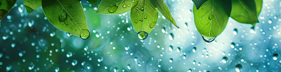 Wall Mural - rainy window with blurred raindrops and a green leaf in the foreground, watercolor, light blue and t