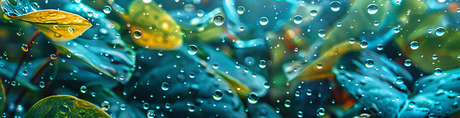 Wall Mural - rainy window with blurred raindrops and a green leaf in the foreground, watercolor, light blue and t
