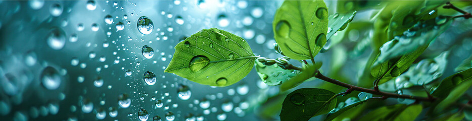 Wall Mural - rainy window with blurred raindrops and a green leaf in the foreground, watercolor, light blue and t
