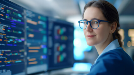 A confident female data scientist wearing glasses, analyzing colorful data visualizations on multiple large monitors in a modern office.