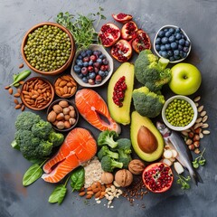 Wall Mural - Assorted healthy foods like fresh fruits, vegetables, nuts, and fish arranged on a concrete surface. Seen from above