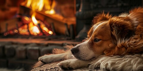 A dog is sitting in front of a fireplace, looking at the camera