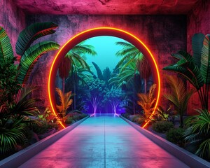 Wall Mural - Neon podium in a scifi jungle, glowing plants and neonlit pathways, vibrant and conceptual, 3D render