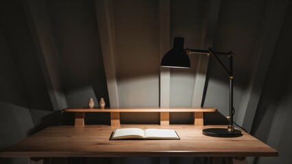 Canvas Print - A desk with a lamp and an open book on it, AI