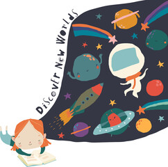 Sticker - Cute Little Girl reading Book and dreaming about Space. Vector Illustration