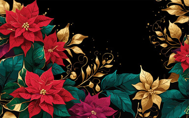 Floral abstract art background with red and gold poinsettia flowers and leaves. Elegant dark backdrop. Colorful vector illustration on black background. Banner, design for cards, invitations.