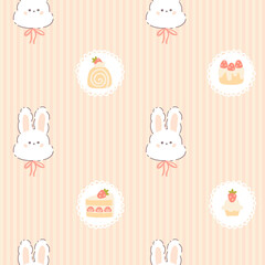 Wall Mural - Preppy hare rabbit with sweet strawberry desserts frame seamless pattern on vertically striped. Vector cute cartoon hand drawn vintage illustration. baby clothes, wallpaper, packaging, scrubbing.