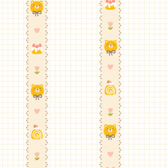 Sticker - Preppy teddy bear and sweet various desserts with strawberries lacy seamless pattern. Vector cute cartoon hand drawn vintage illustration. for textile printing, baby clothes, packaging, scrubbing.