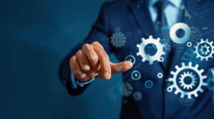 A man in a suit is pressing a button on a computer screen that shows gears. Concept of technology and innovation, as well as the importance of problem-solving and progress