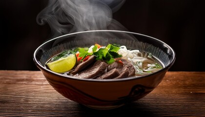 Wall Mural - A vibrant Vietnamese pho bowl with steaming broth, rice noodles, herbs, and slices of beef, capturing the essence of Vietnamese cuisine