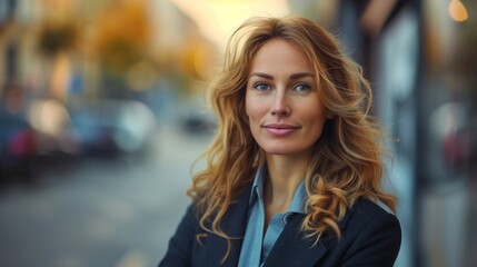 Wall Mural - Beautiful mature business woman, happy and confident entrepreneur standing on street with arms crossed positive looking at camera.