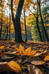 Wall Mural - autumn leaves on forest ground background design with copy space