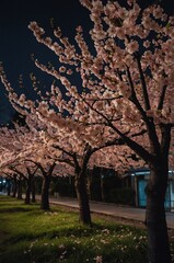 Wall Mural - cherry blossoms in night spring season background design with copy space