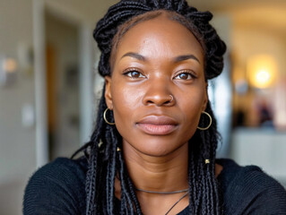 Wall Mural - A woman with dreadlocks is sitting in front of a wall. She has a nose ring and is wearing a black shirt