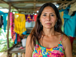 Canvas Print - A woman is standing in front of a pile of clothes. She is wearing a colorful tank top and has her hair pulled back