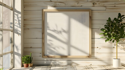 Wall Mural - mockup in sunny cabin, A wooden frame with a blank canvas of a landscape painting hanging on a white wooden panel wall in a cabin