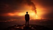 © Prapan - Photograph of a young, determined businessman silhouetted against a fiery desert sunset, his gaze fixed on a beacon of hope - a skyscraper piercing the horizon.
