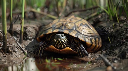 Sticker - Realistic Turtle in Mud and Water Illustration