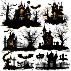 Wall Mural - Set of silhouettes for halloween gloomy house, sinister trees, fences, graves, skulls, pumpkins and bats. Vector illustration